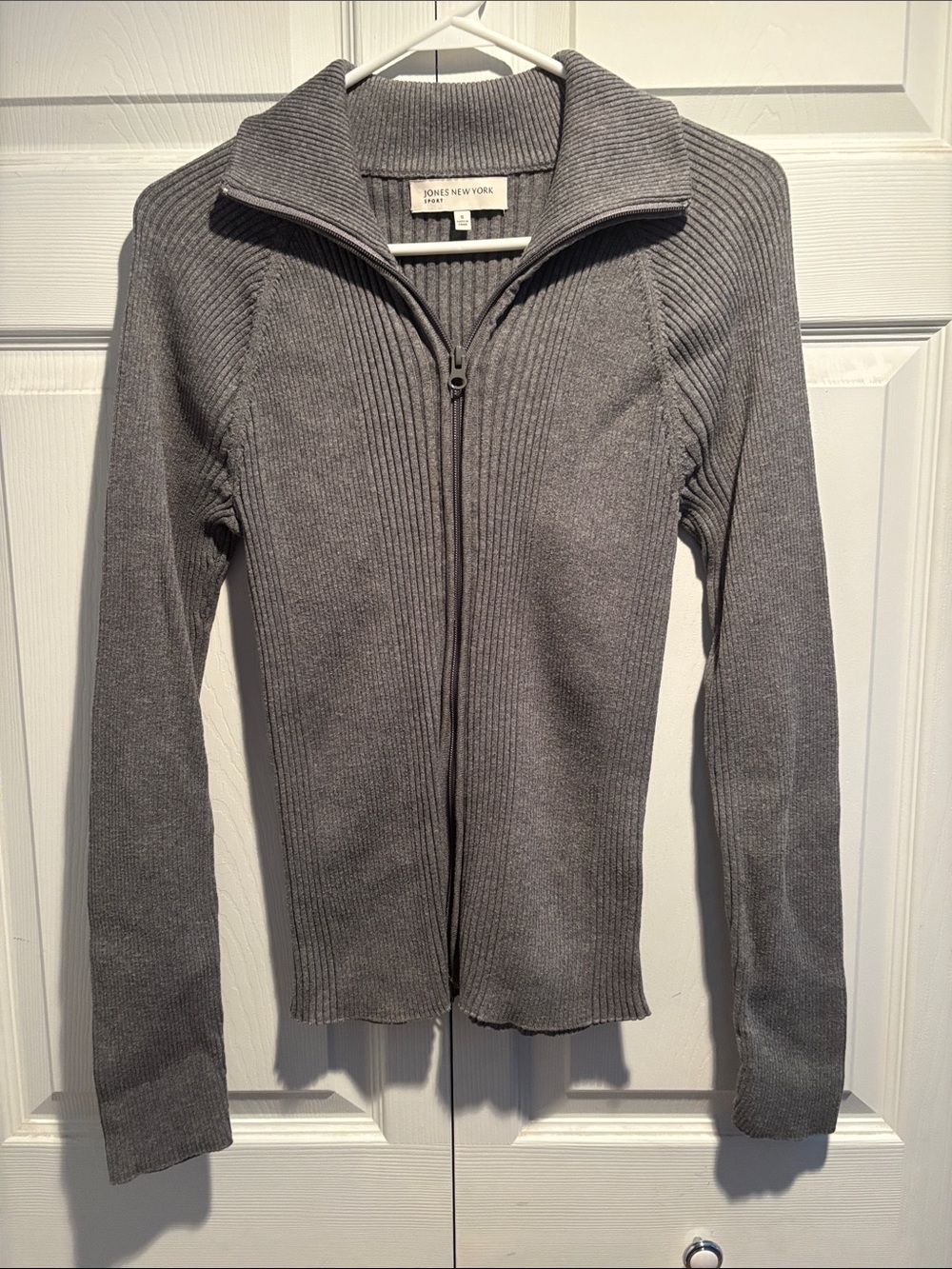 Jones New York Gray Ribbed Zip-Up Cardigan